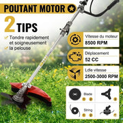 Desbrozadora de gasolina de 52 cc y 2 tiempos, eje recto con sistema antivibración, correa de transporte + accesorios para corte de jardín y mantenimiento de paisajes (2 en 1)
