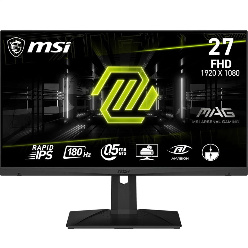 Monitor gaming MSI MAG 275F de 27'' FHD - Panel Rapid IPS 1920 x 1080, 180 Hz / 0,5 ms (GtG), HDR Ready, AMD FreeSync™, AI Vision, HDMI™ 2.0b, DP 1.4, diseño sin bordes, inclinable, compatible con VESA, negro