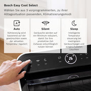 Acondicionador de aire móvil Bosch Cool 4000 - 3 en 1: aire acondicionado, deshumidificador, ventilador - 2,6 kW para habitaciones de hasta 35 m² - Con modo automático, modo silencioso y modo de suspensión