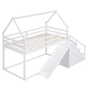 Literas tipo casita con tobogán y escaleras de almacenamiento, litera de madera individual sobre individual para niños con techo y escaleras para niñas y niños