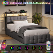 Marco de cama 90x200, cama boxspring con LED, cama individual con almacenamiento, cama tapizada hidráulica con almacenamiento, cama funcional, cama juvenil con USB, cama tapizada para 1 persona (gris + lino)