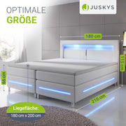 Cama boxspring Juskys Norfolk 180x200 cm - Iluminación LED, colchón Bonell y topper - 66 cm de altura de confort - blanco - Cama, cama doble, cama tapizada