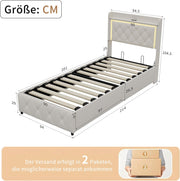 Cama tapizada de 90x200 cm con iluminación LED, USB y canapé hidráulico – Cama individual juvenil con almacenamiento, somier y cabecero, terciopelo beige, sin colchón (Beige-3, 90x200 cm)