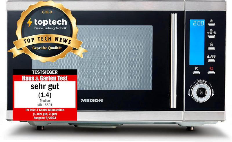 Microondas 4 en 1 MEDION MD 15501 con grill (25 litros, 900 vatios, grill de 1100 vatios, aire caliente de 2500 vatios, 10 programas automáticos) plateado