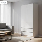 Armario ropero CDF blanco, 90 cm de ancho, para dormitorio infantil o dormitorio, 2 cajones, 2 puertas, armario de dos puertas, estilo moderno, incluye todo lo necesario para el montaje, armario para ropa y juguetes.