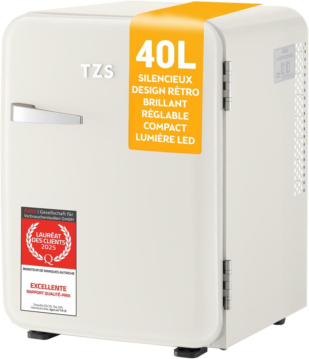 TZS First Austria - Mininevera retro silenciosa de 40 L - Pequeño minirrefrigerador de diseño vintage con luz interior y 2 compartimentos en la puerta - Minibar para camping, oficina, dormitorio y hotel - Crema