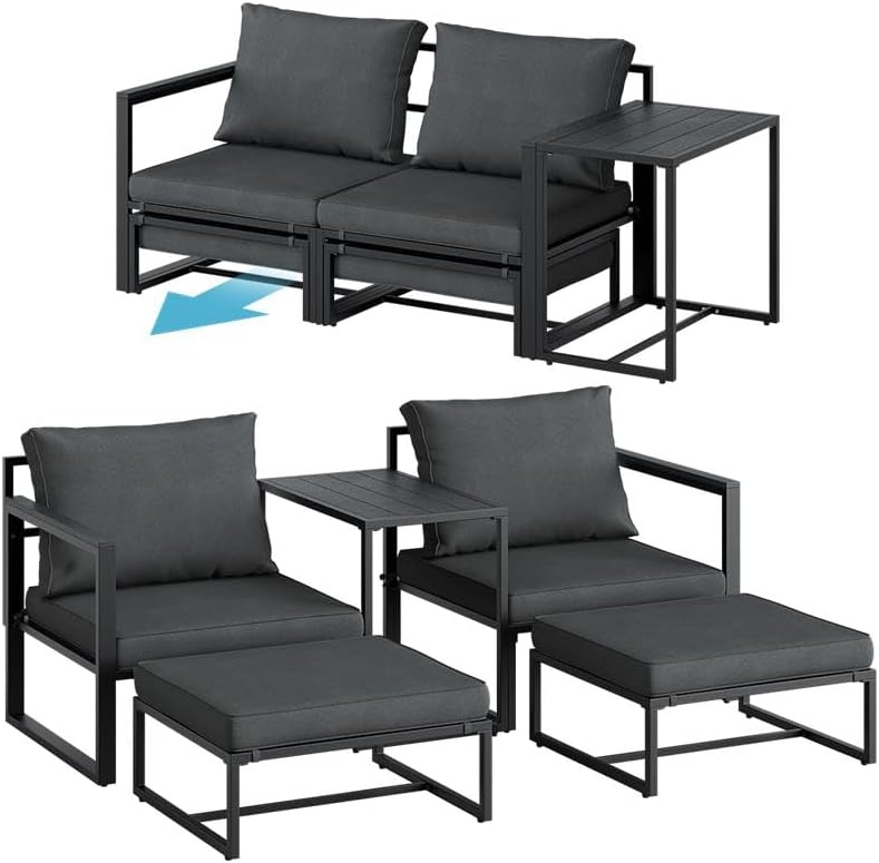 STEELSØN Asteri Sitzgruppe 5-teilig – Gartenmöbel Set mit 2 Sessel, 2 Hocker, 1 Tisch – Balkonlounge Metallgestell Schwarz – inkl. Sitzpolster anthrazit – Terrassenlounge für 2-4 Personen – wetterfest