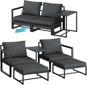 STEELSØN Asteri Sitzgruppe 5-teilig – Gartenmöbel Set mit 2 Sessel, 2 Hocker, 1 Tisch – Balkonlounge Metallgestell Schwarz – inkl. Sitzpolster anthrazit – Terrassenlounge für 2-4 Personen – wetterfest