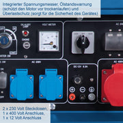 Generador eléctrico diésel Scheppach | Arranque eléctrico | 7,7 CV | 5000 W | 2 tomas de 230 V, 1 toma de 400 V | Depósito de 16 L | Sistema AVR | Generador de corriente SG5200D incl. dispositivo de transporte