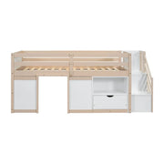 Cama alta baja de madera maciza con cajón y escalera, tamaño individual