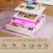 Mesa de centro elevable YITAHOME, mesa de salón de alto brillo con tablero elevable, mesa de centro para sala de estar con LED de 16 colores, estilo moderno y 2 cajones