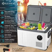 Nevera portátil con compresor KESSER 2 en 1 de doble zona, refrigeración y congelador eléctrico con 2 acumuladores de frío y panel táctil LED | Refrigerador con enfriamiento hasta -20 °C para camping, coche, camión 12/24V 230V