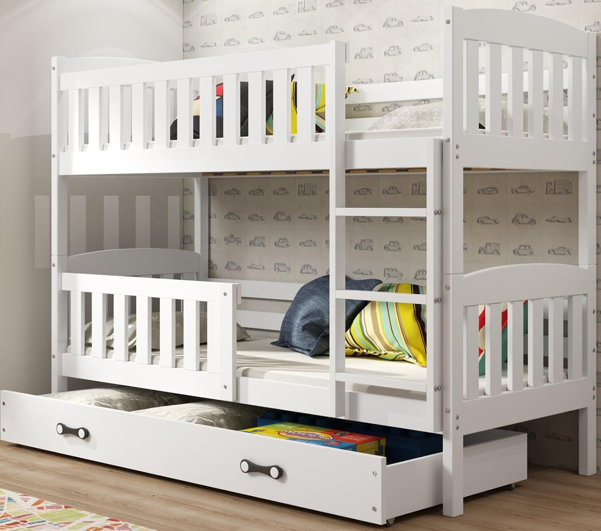 Interbeds Litera 200x90cm cama alta cama doble con cajón cama de madera de pino cama infantil cama juvenil con somier y barrera de seguridad (blanco, 200x90)