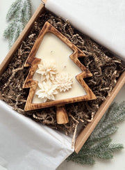 Cuenco de madera en forma de árbol de Navidad con copos de nieve o flor de Pascua, vela de soja, 100% cera de soja natural, mechas de madera, 26 cm x 19 cm