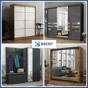 Brent - Armario con espejo y cajones de 235 cm de ancho Chelsea Tomy, armario de puertas correderas con espejo, armario de dormitorio, armario ropero negro/gris