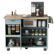 Isla de cocina con encimera plegable, carrito de almacenamiento para cocina con estante extraíble, toallero y cajón, ruedas giratorias