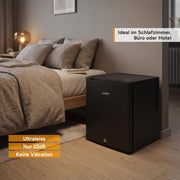 TZS First Austria - Mininevera de 30L completamente silenciosa - Pequeño minibar, puerta reversible e iluminación interior - Mininevera para camping, oficina, dormitorio y hotel - Negro mate