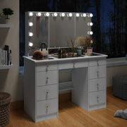 Tocador de maquillaje con espejo triple, iluminación certificada y superficie de cristal