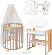 Cuna ovalada evolutiva Waldin, set completo 7 en 1, cuna de barrotes, cama infantil con colchón, cambiador, cuna colecho, madera blanca