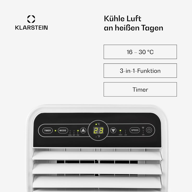 Aire acondicionado portátil Klarstein con manguera de escape, unidad 4 en 1 con ventilador, deshumidificador y modo nocturno, aire acondicionado pequeño y portátil para el hogar y la oficina, bajo consumo, 9000 BTU