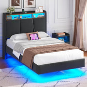 Cama tapizada Brinlawb 90x200 cm, cama flotante con iluminación LED y estación de carga (2 tomas de CA, 1 puerto USB-A, 1 puerto USB-C), cama juvenil 90x200 con cabecero acolchado, cama 90x200 con espacio de almacenamiento, gris