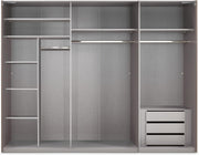 Armario de puertas correderas de 3 puertas A300/A216/P65 cm blanco con frente de cristal, espejo, tiradores negros, incl. cierre suave, armario con estantes, barras para ropa, cajones, organizador de ropa / 22039