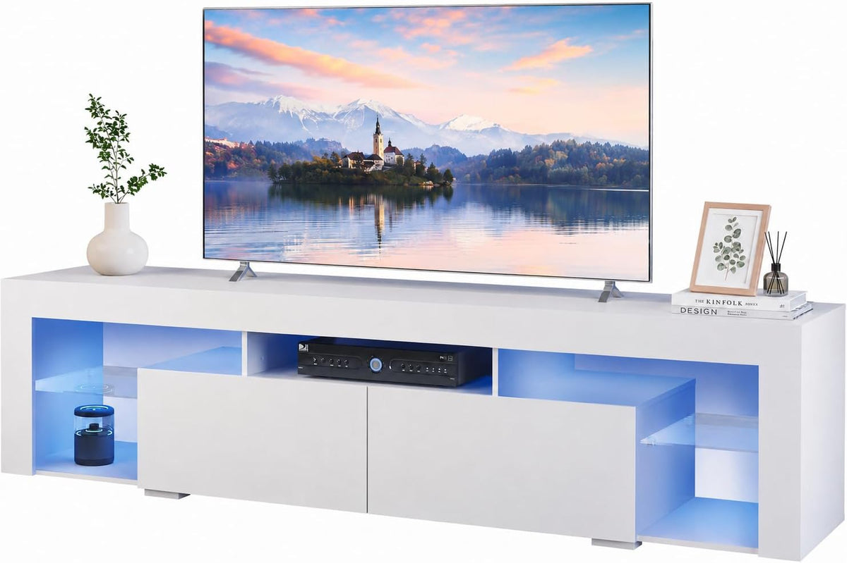 Mueble para TV WLIVE de 160 cm con LED, mueble blanco para televisores de 50, 55, 60, 65 y 70 pulgadas, armario de TV con iluminación RGB de 20 colores para salón y dormitorio, banco de TV moderno de madera con 2 cajones