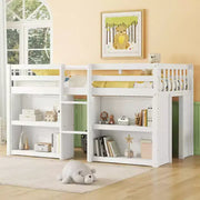 Cama alta infantil individual Whisen de 79.8"L x 43.9"An con estantes de dos niveles y luz LED