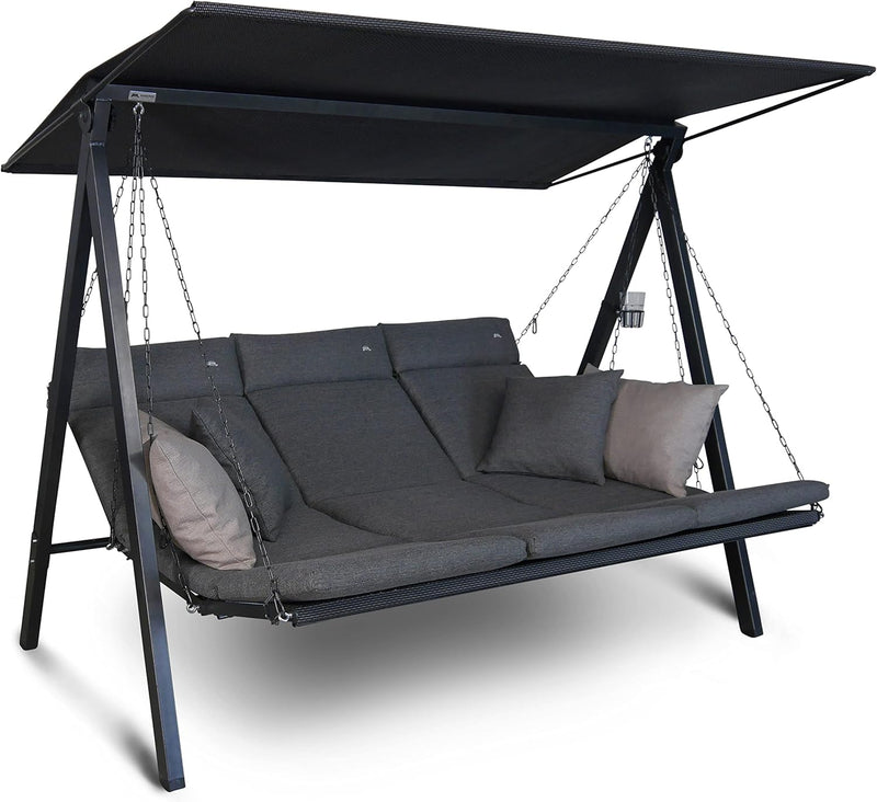ANGERER Balancín de jardín Lounge Smart de 3 plazas, acero galvanizado, techo ajustable, posición de asiento y reclinado ajustable, con cojines y textileno, para exterior, Smart gris