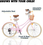 Glerc Missy 20, 24, 26 pulgadas bicicleta híbrida urbana tipo crucero para niñas, de 6 velocidades, con cesta de mimbre, para jóvenes mayores de 6 años, varios colores