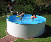Set de piscina de pared de acero redonda Planet Pool Bologna 200x120 cm, acero blanco 0,6 mm, revestimiento azul 0,6 mm, cenefa colgante