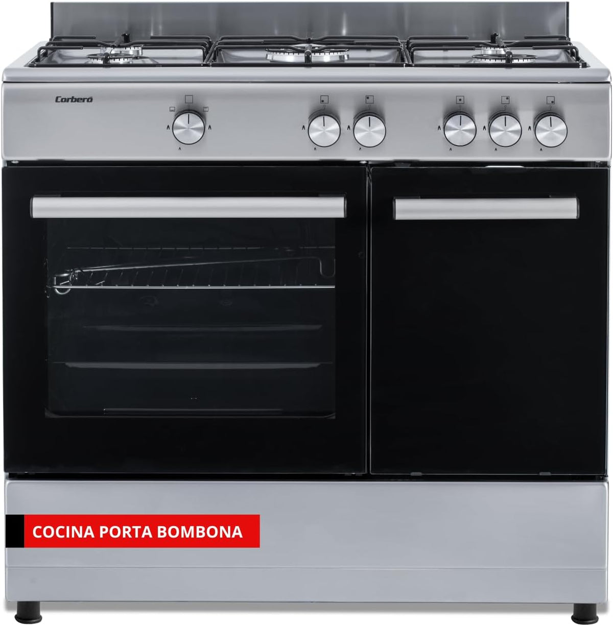 Corberó - Cocina de gas butano 5 fuegos | CC510GB90X | 80x90x60 | Horno de 60L con puerta doble | Wok en el centro | Encendido manual | Cajón calientaplatos | Bandeja y parrilla cromadas | Con tapa | Inox