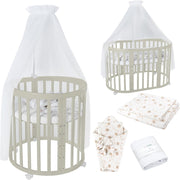 Cuna ovalada evolutiva Waldin, set completo 7 en 1, cuna de barrotes, cama infantil con colchón, cambiador, cuna colecho, madera blanca