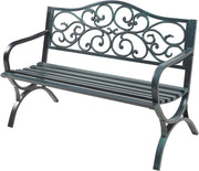 casa.pro Banco de jardín Utav Banco de exterior resistente a la intemperie 127 x 53 x 79 cm Banco de metal máx. 300 kg Gris oscuro con pátina verde Banco de 3 plazas
