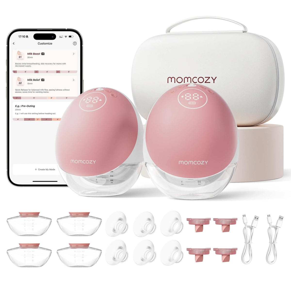 Extractor de leche eléctrico portátil Momcozy M9, manos libres, paquete de 2 unidades, color rojo, control por aplicación, 15 niveles, embudo de 24 mm, 150 ml