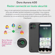 Doro - Teléfono Aurora A30 - Teléfono móvil para personas mayores - Fácil de usar - Botón de asistencia con ubicación GPS - Compatible con audífonos - Cable USB incluido - Grafito