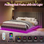 Cama de plataforma tapizada AMERLIFE con luces LED, diseño flotante, soporte de listones sólidos