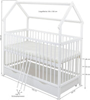 Set completo de cuna Baby Delux, cama casita de 60x120 cm, color blanco, con cajón, barrera anticaídas, colchón, ropa de cama y set de decoración (Prince Stars)