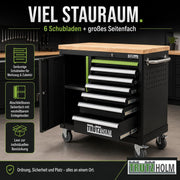 TRUTZHOLM Carro de herramientas vacío Deluxe, carro de taller con 6 cajones y compartimento con puerta, armario de herramientas con cerradura y ruedas con encimera de madera maciza, banco de trabajo móvil 108 x 46,5 x 77 cm, verde/negro