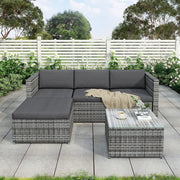 Set de salón de poliratán, juego de muebles de jardín para balcón para 3-4 personas, conjunto de asientos para jardín con sofá de 3 plazas, taburete, cojines y mesa de cristal, muebles de terraza, sofá esquinero, para jardín, balcón y terraza (gris)