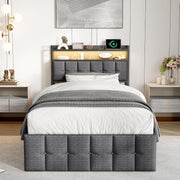 Marco de cama 90x200, cama boxspring con LED, cama individual con almacenamiento, cama tapizada hidráulica con almacenamiento, cama funcional, cama juvenil con USB, cama tapizada para 1 persona (gris + lino)