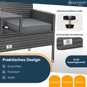 Banco de jardín KESSER® de ratán sintético con mesa, 2 plazas, 143x63x88cm, banco de jardín resistente a la intemperie, banco de exterior, banco de balcón con estante, mueble de jardín de ratán para jardín y balcón + cojines y funda, antracita