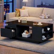 Mesa de centro de alto brillo Merax con iluminación LED y cajón – Mesa de sofá de 100x50x36 cm, mesa de salón con 4 compartimentos laterales, mesa de centro minimalista en negro
