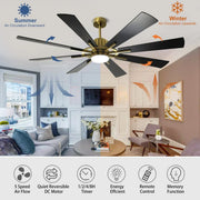 Ventilador de techo con luz, control remoto y 8 aspas grandes de madera