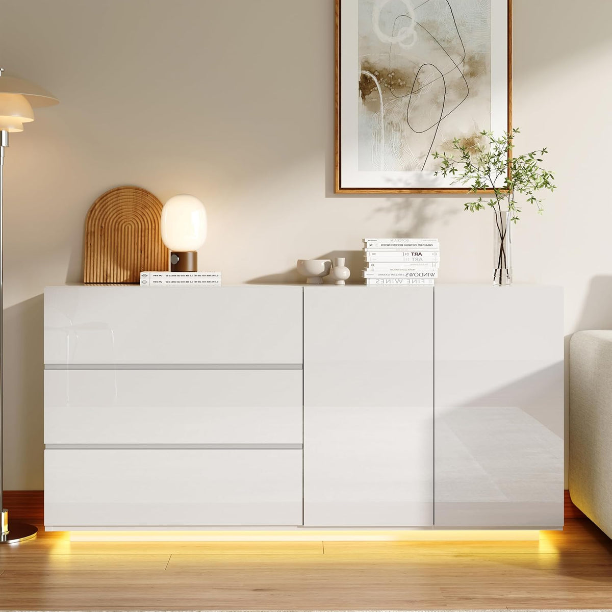 Cómoda blanca de alto brillo con iluminación LED, aparador blanco de alto brillo de 160 cm con 2 puertas y 3 cajones, alacena de cocina, mueble buffet moderno para dormitorio, comedor, oficinas y recibidor