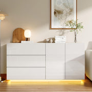 Cómoda blanca de alto brillo con iluminación LED, aparador blanco de alto brillo de 160 cm con 2 puertas y 3 cajones, alacena de cocina, mueble buffet moderno para dormitorio, comedor, oficinas y recibidor