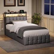 Marco de cama 90x200, cama boxspring con LED, cama individual con almacenamiento, cama tapizada hidráulica con almacenamiento, cama funcional, cama juvenil con USB, cama tapizada para 1 persona (gris + lino)