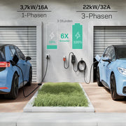 Wallbox móvil/estación de carga de 22kW con aplicación [trifásica|7m|6-32A] con medidor de energía, cable de carga CEE 32A a tipo 2 y cargador de VE para Model Y/3, ID.3/4/5, MG4, EX30, e-up, e-tron y otros VE/Híbridos enchufables