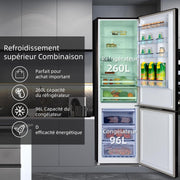 CHIQ Refrigerador congelador combinado, 356 L (260 + 96 L) total, sin escarcha (No Frost), cajón para verduras, cajones profundos, modo vacaciones, alarma de puerta, 12 años de garantía para el compresor, acero inoxidable FBM351LEI42