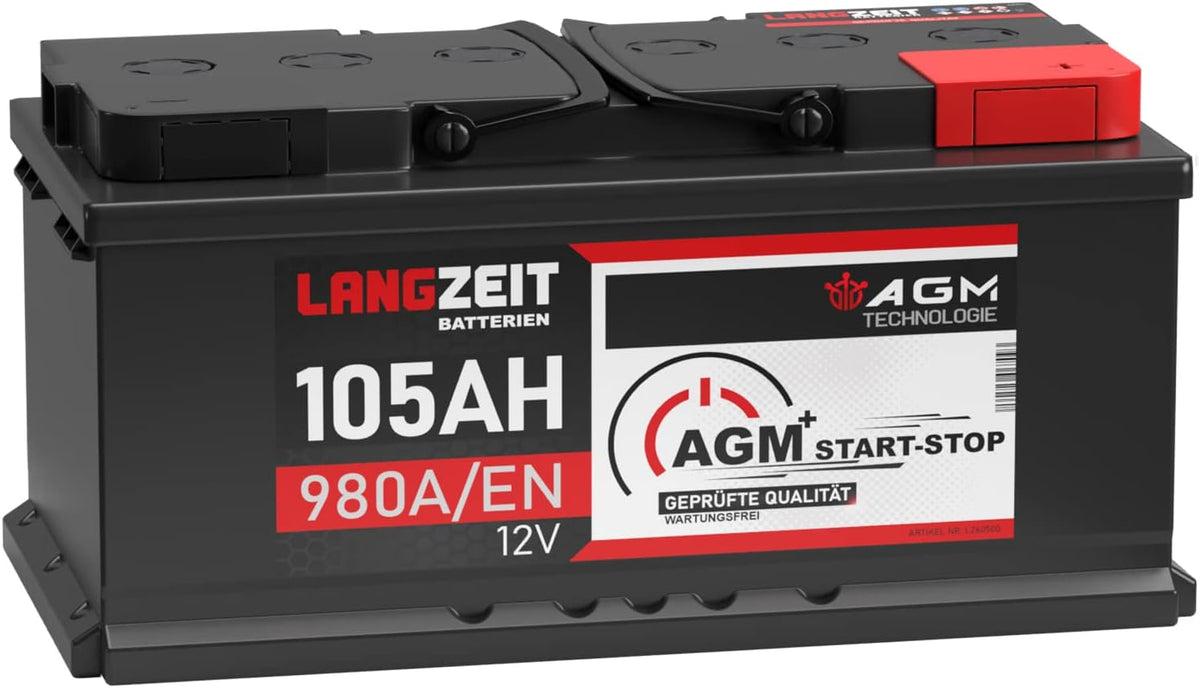 Batería de coche LANGZEIT 105Ah 12V AGM 980A/EN – Batería de automóvil VRLA de alto rendimiento para sistemas Start-Stop